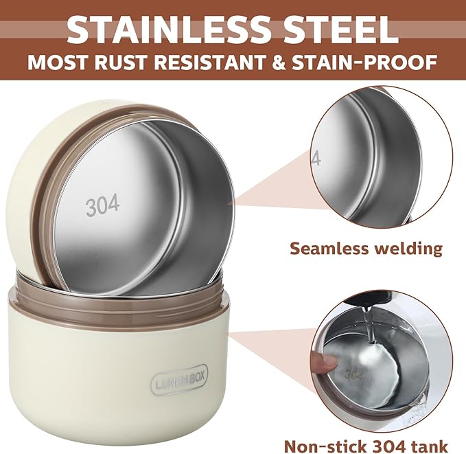 Dandat 4 Pcs Insulated Bento Box Portable Stainless Steel Food Container Round Microwave Safe Stackable Leakproof Thermal Food Container for Adult Men Women with Insulated Bag, 74 oz(Beige)