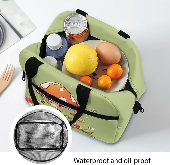 Showudesigns Cute Mushroom Frog Lunch Box for Girls Kids Insulated Lunch Bag Reusable Shopping Bag Keep Food Cold and Warm Crossbody Tote Bags Travel Picnic Organizers