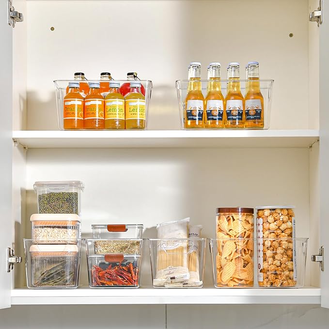 12 Pack Middle Organizers and Storage, Pantry Organization and Storage Bins, Cabinet Organizer, Clear Plastic Storage Containers with Handle,Acrylic Storage Bins for Cabinet, Fridge