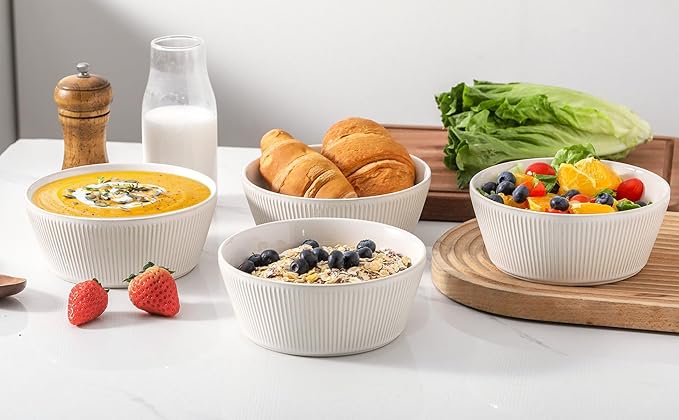 UBEE Ceramic Soup Bowls Set of 4, 6.3 inch Cereal Bowls, Microwave Safe Serving Bowls for Oatmeal, Soup, Pasta, Ramen, Dessert, Fruit, For Breakfast, Lunch and Dinner, White