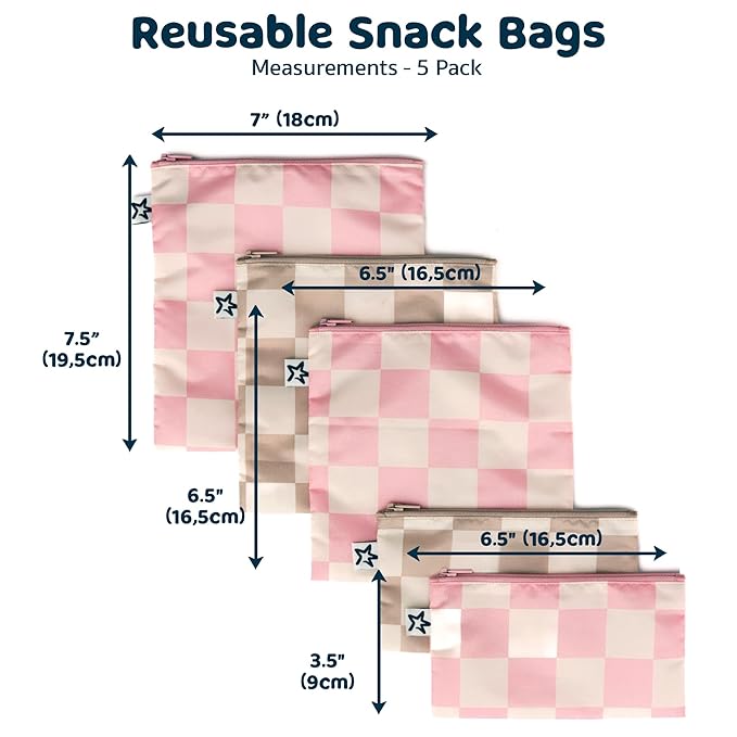 Tiny Twinkle 5 Pack Reusable Snack Bags - Machine Washable, PFAS, PVC, BPA, Phthalate-Free Reusable Baby and Toddler Food Safe Snack Bags (Checkers Pink Brown)