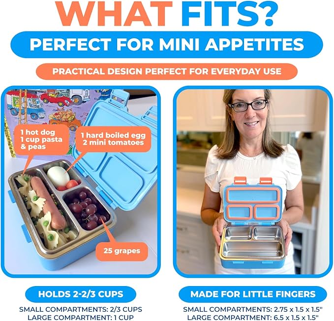 kinsho Stainless Steel Lunch Box for Baby Toddlers Boys, Mini Bento, 3 Eco Metal Portion Sections Leakproof Lid, Pre-School Daycare Lunches, Kids Spill-Proof Snack Container, 18 oz/550 mL, Blue