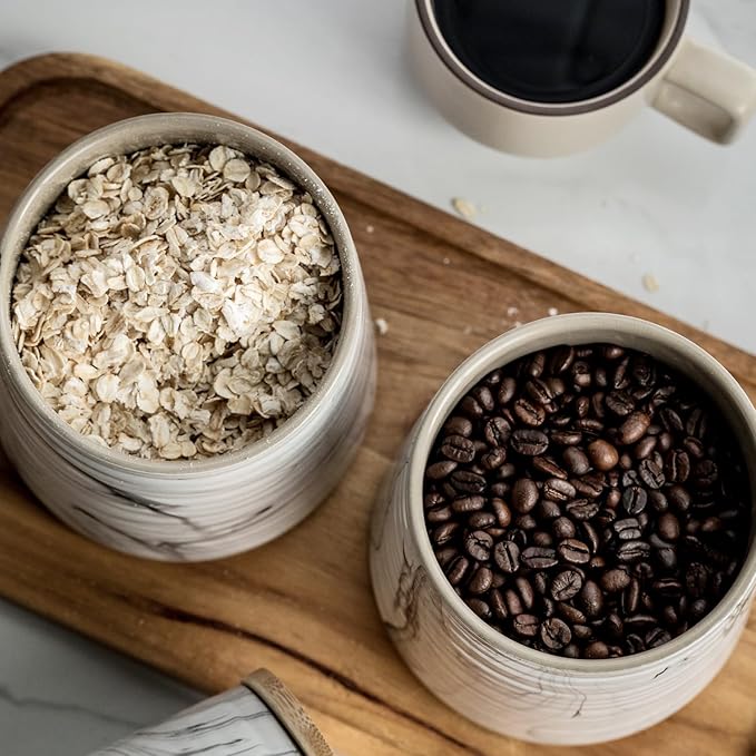 Ceramic Airtight Containers, Wide Mouth Food Storage Jars with Sealing Wooden Lids, Cereal Sugar Tea Coffee Bean Cookie Flour Canisters - Marble Design
