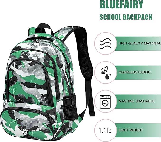 BLUEFAIRY Boys Backpack Set with Lunch Bag for Kids Elementary Middle School BookBags for Teens Child Back to School Gifts Large Campartments Lots of Pockets Camo Green