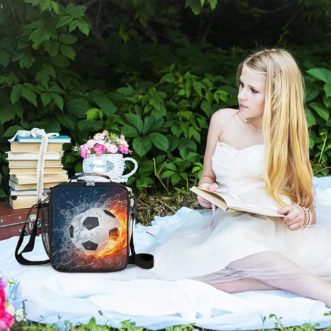 Soccer Kids Lunch Box Flame Soccer Insulated Lunch Bag for Boys Girls Reusable Food Container Tote Cooler Warm Pouch for School work Office Beach
