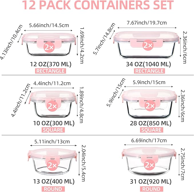 C CREST 12 Pack Premium Glass Locking Lids Storage Containers Set, Mix of Shapes and Sizes for Meal Prep and Versatile Use