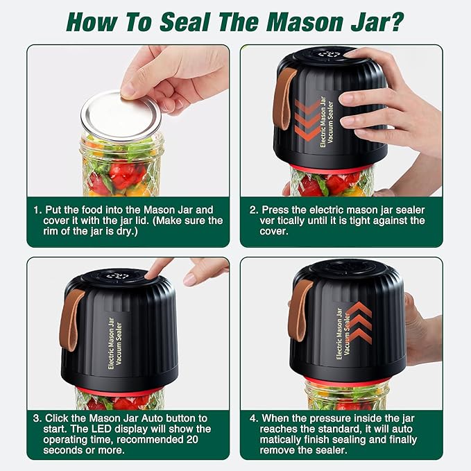 Electric Mason Jar Vacuum Sealer Kit,Upgraded 4 in 1 Automatic Stop Mason Jar Vacuum Sealer for Wide and Regular Mouth Mason Jars Wine Bottle Food Storage Box Vacuum Bag