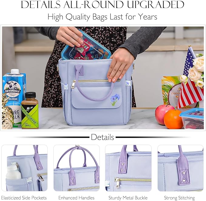 Deluxe Large Insulated Lunch Bag Box Women - Leakproof Waterproof Cooler with Multi Pockets Removable Strap for Work Picnic - Teacher Mothers Day Christmas Birthday Gifts