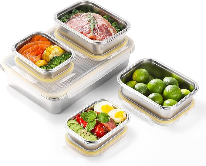 18/8 Stainless Steel Food Storage Containers, Meal Preparation Container Set, Baking Pan, Leak Proof Stackable Light and Easy Storage, Metal Set of 5 (2PC 21oz/2PC 43oz/1PC 169oz)