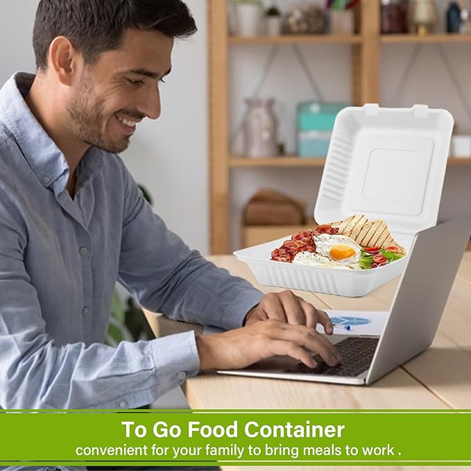 greensight Clamshell Take Out Food Container 100 Pack, 9 x 9 Compostable To Go Containers, Disposable To Go Food Boxes, Biodegradable Made From White Sugarcane Fibers