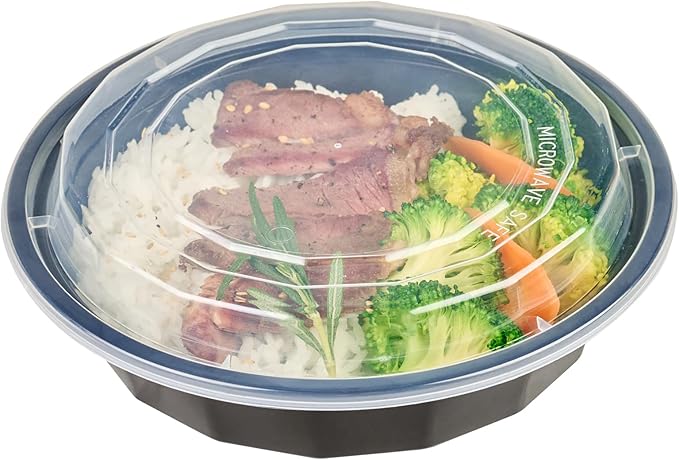 Restaurantware Asporto 24 Ounce To Go Boxes 100 Microwavable Take Out Food Containers - Clear Plastic Lids Included Do Not Contain BPA Black Plastic Catering Food Containers Disposable Round