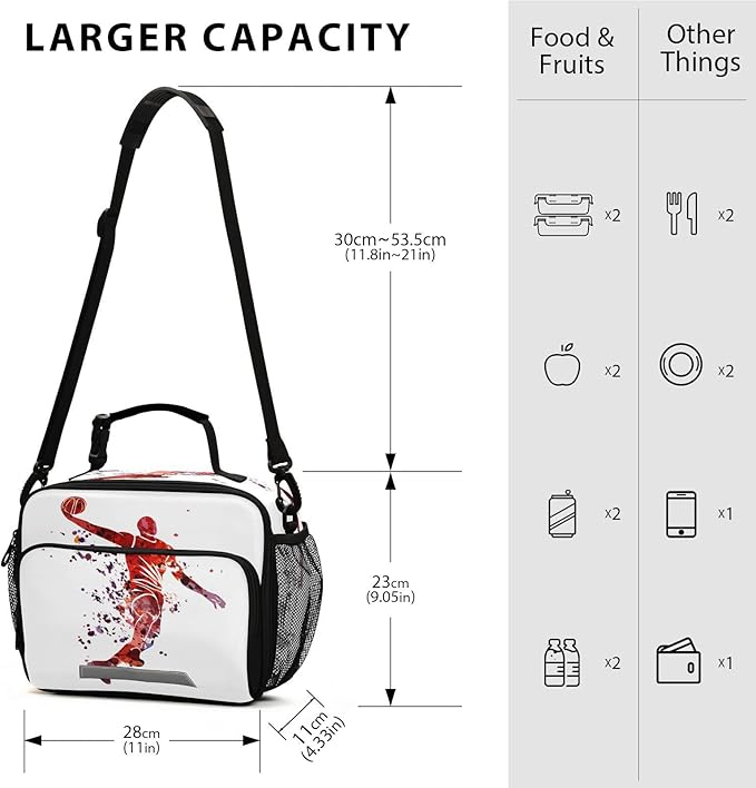 Pfrewn Red Basketball Player Painting Lunch Box for Kids School Students Insulated Lunch Bag with Shoulder Strap for Office Adults Reusable Cooler Bags Lunch Tote