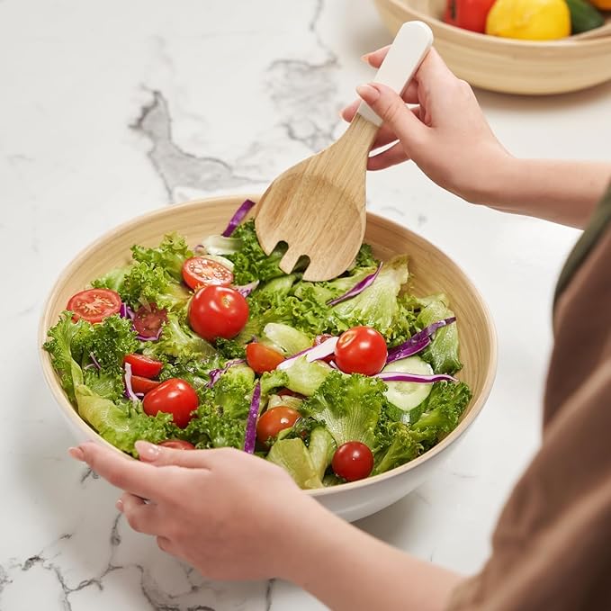 LEXA Bamboo Salad Bowl 12 Inch Extra Large Serving Bowl, Lightweight Popcorn Bowl or Chip Bowl for Party Snacks, Handcrafted Salad Bowls Large Serving (Ceramic White)