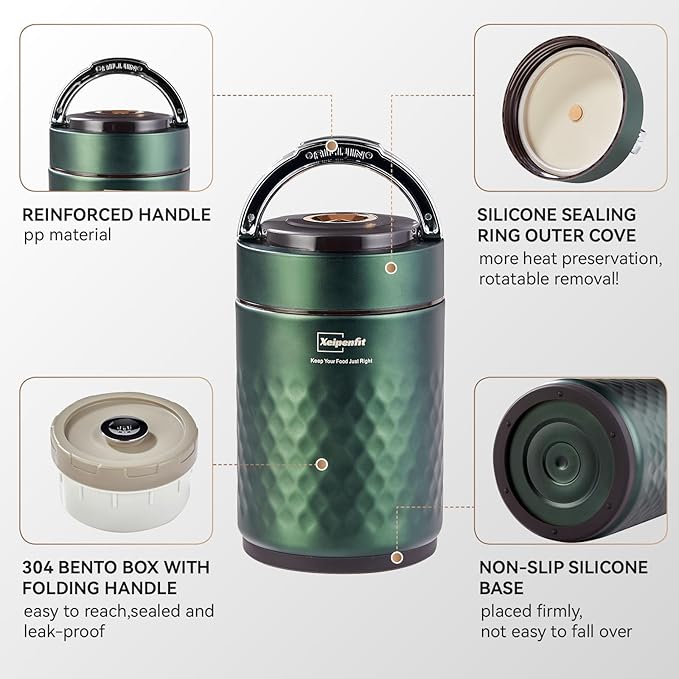 67 ozAdults Stainless Steel Vacuum Insulated Wide Mouth Soup Food Thermos Hot Food Jar with Keep Thermal Portable 3 Tier Stackable Bento Hot Food Containers Lunch Boxes (Green)