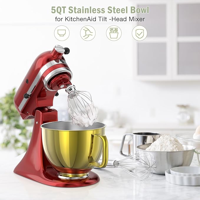 5QT Stainless Steel Mixer Bowl Compatible with Kitchen aid Stand Mixers Kitchenaid Replacement Bowl for 4.5-5 QT Tilt-Head Mixer with Handle, Gold