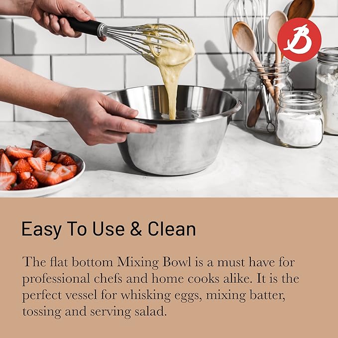 de Buyer Stainless Steel Mixing Bowl with Flat Bottom - 11”, 5.8 qt - Mix, Stir, Whip, Mash, Whisk & Combine - Dishwasher Safe - Made in France