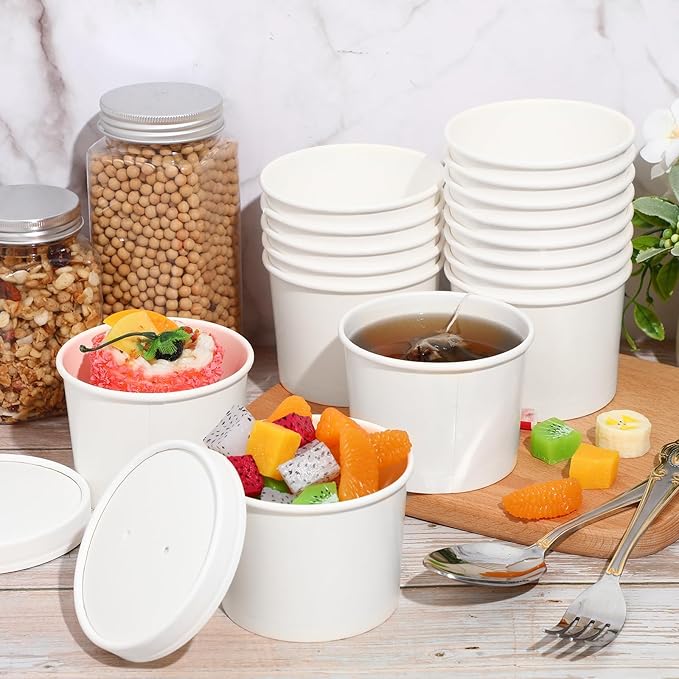 Fulmoon 100 Pack Paper Soup Containers with Lids Disposable Paper Food Containers with Vented Lids Kraft Ice Cream Bowls Soup Cup Ice Cream Cups for Restaurants(12 oz,White)