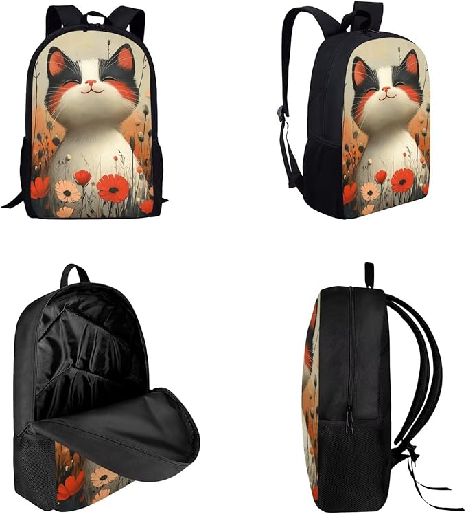 Dolyues Flower Cat Adorable Girls Backpack Set: 17 Inch Cute School Backpack, Insulated Lunch Bag & Pencil Case for Kids - Perfect for Elementary Students & Daily Use