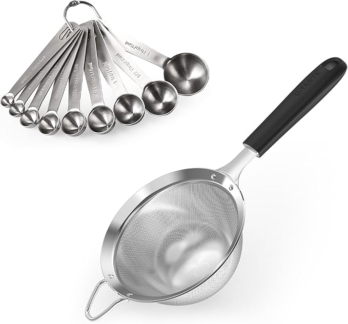 18/8 Stainless Steel Measuring Spoons Set for Dry and Liquid Ingredients (Set of 9), and 4.73in Medium Fine Mesh Strainer with Sturdy Riveted Silicone Handle and Strong Frame (Black)
