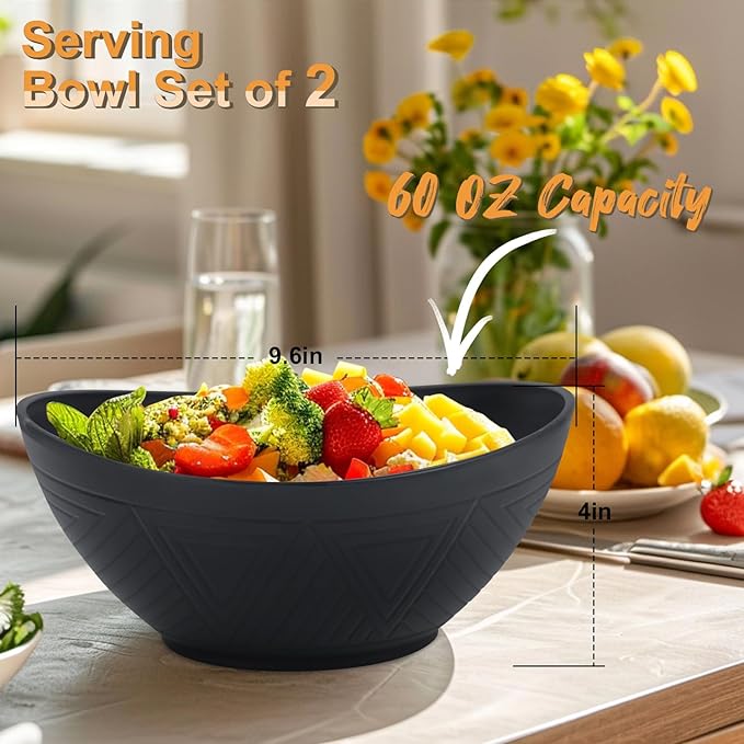 Homienly Serving Bowls Large Fruit Bowls for Wedding and Dinner Parties Wheat Straw Bowl Set 60 Oz for Salad, Snacks Oval Shape Microwave & Dishwasher Safe Bowl Set of 2 Bowls for Kitchen - Black