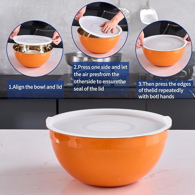 Orange Mixing Bowls With Airtight Lids,Stainless Steel Bowl,Salad Bowls 7 Piece Colorful Nesting Bowl Rainbow Kitchen Accessories,Size 7,3.6,2.7,2.1,1.5,1.1,0.8QT Stackable Design