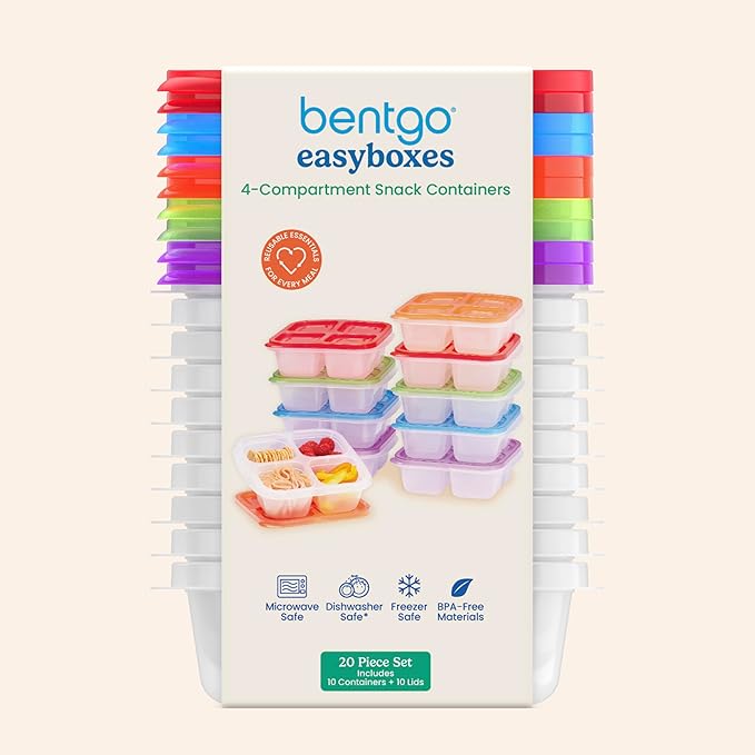 Bentgo Easyboxes 4-Compartment Snack Containers - 20-Piece Set with 10 Trays & 10 Custom-Fit Lids to Seal in Freshness - Reusable Food Storage & Meal Prep Bento BPA-Free Containers (Classic)