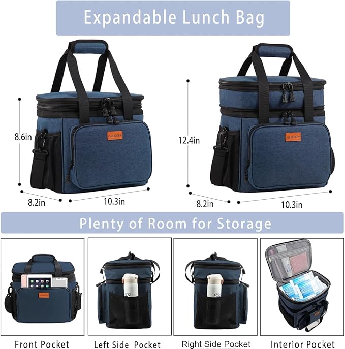 Expandable Large Lunch Box, Insulated Heavy Duty Lunch Bag Waterproof Leakproof Durable Cooler Bag for Men Women Adults Work Construction Camping Trip, 16L, Blue, GLENKEY
