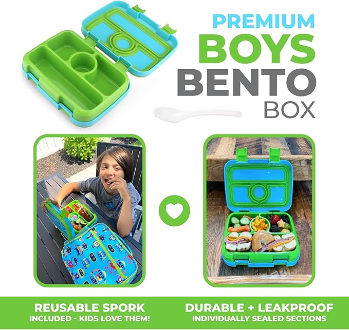 kinsho Bento Lunch Box for Kids Toddlers Boys, 4 Portion Sections Secure, BPA Free Removable Tray, Pre-School Kid Daycare Lunches Snack Container, Green Robot Ages 3 to 5