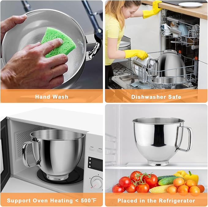 5 QT Food-Grade 304 Stainless Steel Mixer Bowl Fit for KitchenAid Tilt-Head Stand Mixers, 4.5-5 Quart Replacement Mixing Bowl with Handle for Kitchen Aid Artisan&Classic Series, Polished & Rust-Proof