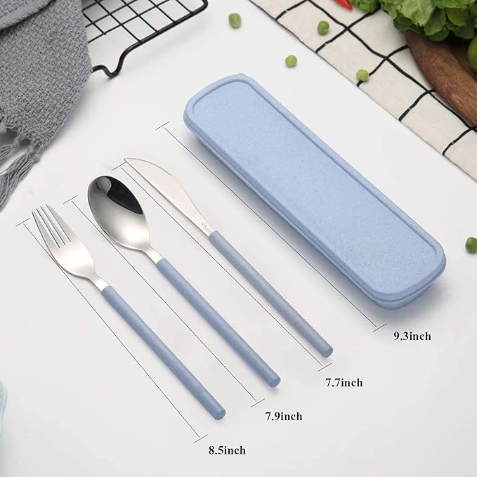 Portable Home Utensils Reusable Flatware Set with Case, Stainless Steel Metal Travel Cutlery Lunch Tableware 3 PCs Size Fork Spoon Knife with Colored Handle(Fork Spoon Knife 1 set, Blue)