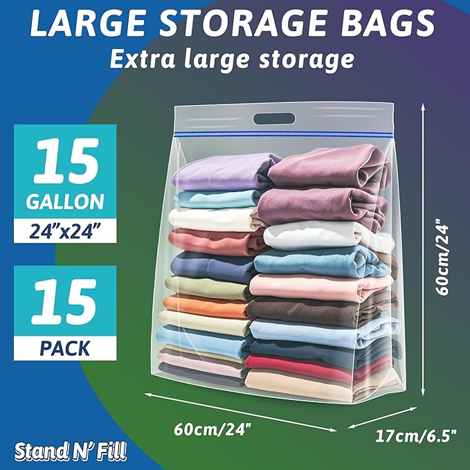 Extra Large 15 Gallon Storage Bags - 24” x 24” with Resealable Zip and Carry Handle, Ideal for Clothes, Pillows, Moving and Travel, Set of 15