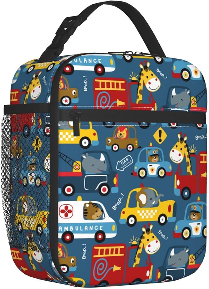 Insulated Lunch Box for Toddler Boys Kids Cars Lunch Box for Work,Picnic,School,Travel,Hiking,Beach or Fishing Polyester Funny Animal Driver Cars Theme Lunch Bag