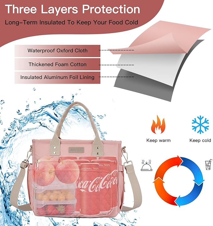 Large Women Lunch Bags for Work/Insulated Adult Lunch Box for Women/Durable Nylon Thermal Lunchbox for Womens/Leakproof Cooler Tote Bag with Storage Pocket (pink with cotton strap)