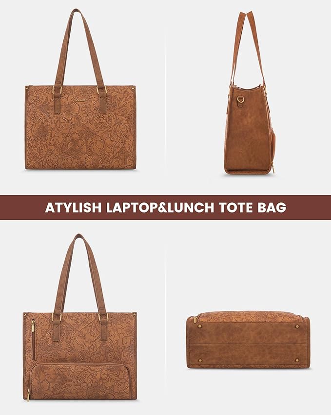 LOVEVOOK Lunch Tote Bag for Women, 15.6 Inch Laptop Bag with Insulated Lunch Compartment, Quilted Large Capacity Computer Handbag with Purse for Business, Work, Office, Casual, Yellowish brown