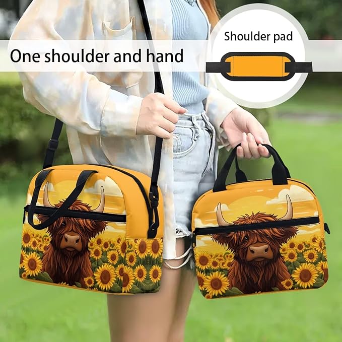 Showudesigns Highland Cow Lunch Box for Girls 8-10 10-12 12-14 Lunch Tote Bag Sunflower Lunchbox Bento Keep Food Cold and Warm for Long Time Picnic Bags Insulated Lunchbags