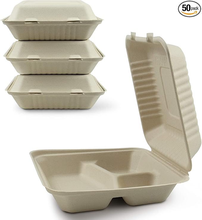 Green Earth, 9-inch, 50-Count, 3-Compartment, Compostable Clamshell, BAM Ware (Bamboo Fiber), Take-Out/to-Go Food Boxes - Biodegradable Containers, Hinged Lid Microwave-Safe Gluten-Free