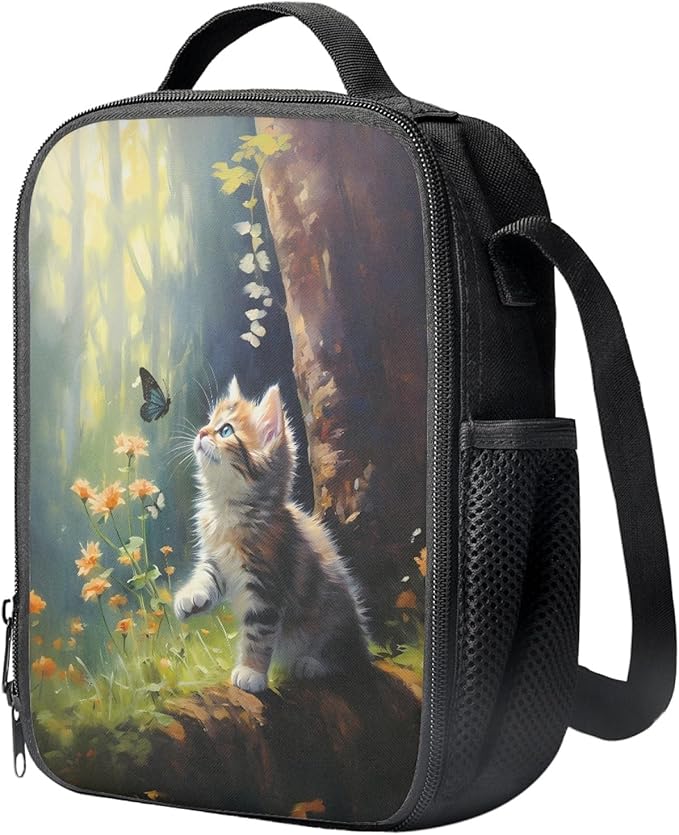 Dolyues Cat Pattern Kids Backpack with Insulated Lunch Box Pen Case Set Kindergarten Elementary Middle School Book Bag for Teen Girls Children Students Cute