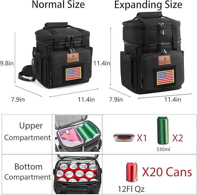HSHRISH Double Deck Tactical Lunch Box, Large Expandable Insulated Lunch Bag, Durable Waterproof Leakproof Cooler Bag with Flag for Adults/Men/Work Outdoor Trips, 20 Cans/15 L, Black