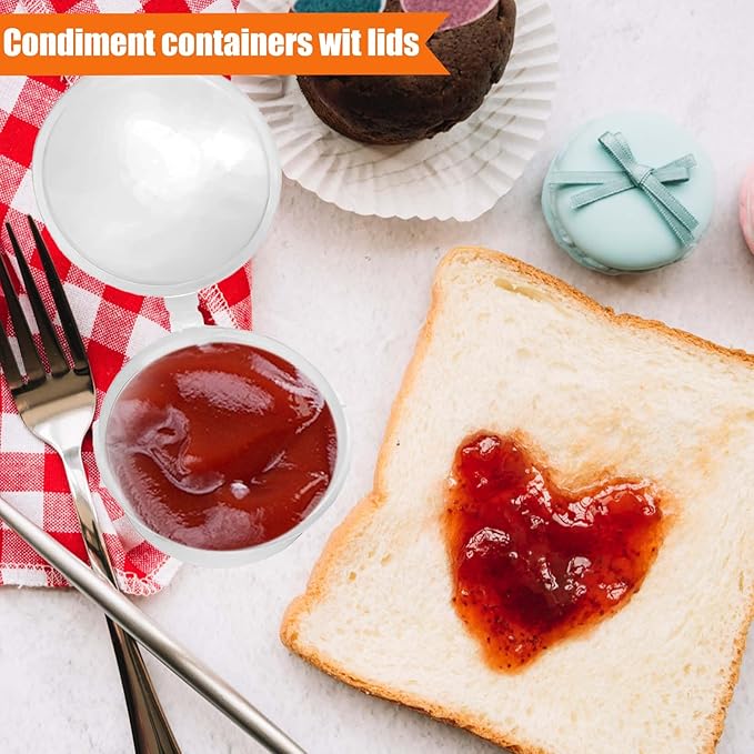 50 Sets 1 2/3 oz Round Shaped Jello Shot Cups with Lids, Small Condiment Containers, Disposable Portion Cups, Plastic Souffle Cup, Mini Sample Tasting Dipping Sauce Cup To Go Bowls, Clear