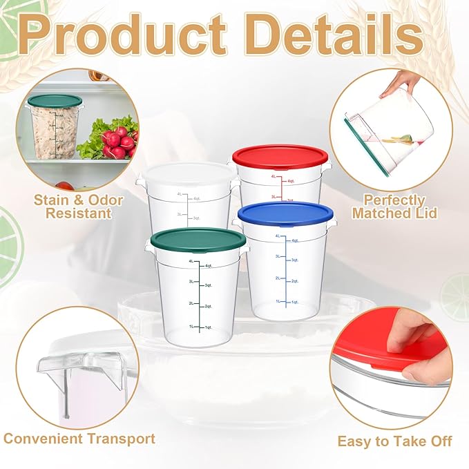Suclain 4 Pcs 4 Qt Food Storage Container Bucket with Lids Clear Proofing Containers for Dough Rise Bread with Scale Handle Round Flour Commercial Storage Bucket for Home Restaurant Food(Multicolor)