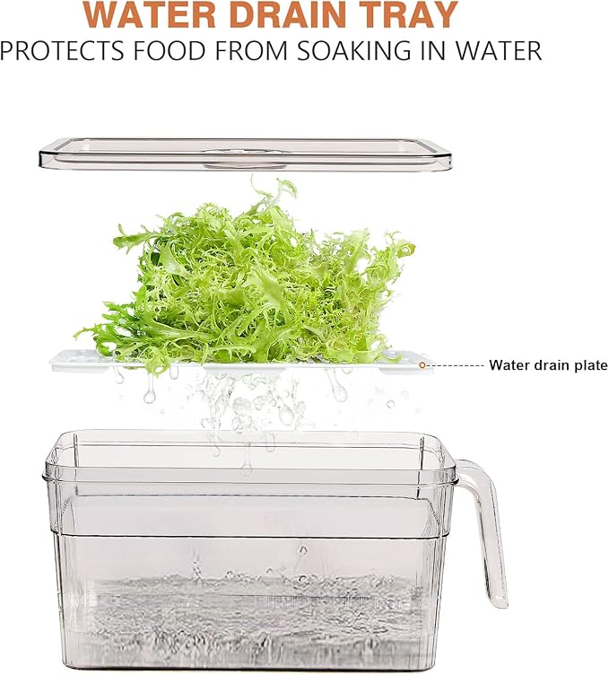 Loobuu 2 Pack Plastic Food Storage Produce Containers for Fridge, Stackable Lettuce Keeper for Refrigerator with Removable Drain Tray Keep Fresh for Vegetables/Fruit/Berry/Salad - 10'' x 5.3'' x 5.2''