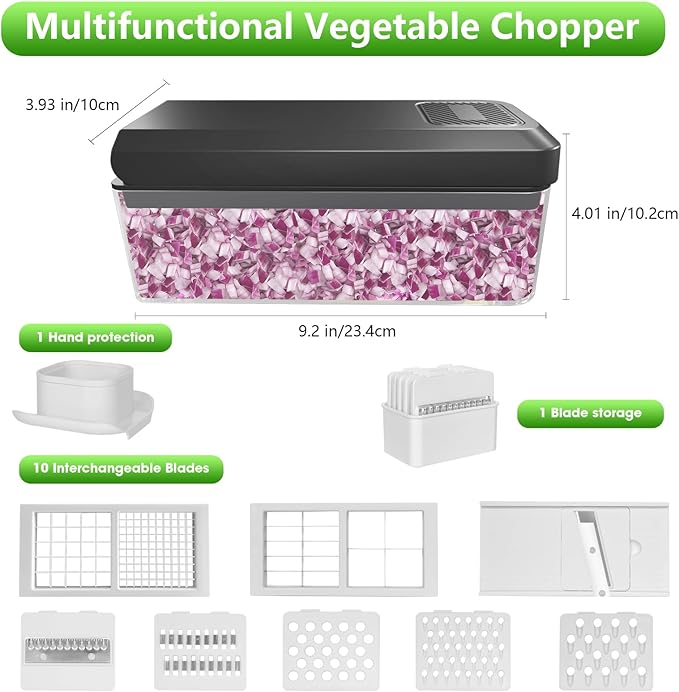 Vegetable Chopper, Onion Chopper Dicer, Mandoline Slicer, Food Chopper with Container, Vegetable Cutter for Salad Potato Carrot Garlic(10 Blades, Black White)