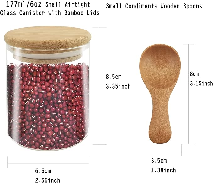 18 pcs Glass jars Set, 12 set - 6oz Spice Jars Set with Bamboo Lids, 6 pcs Small Condiments Wooden Spoons, Airtight Glass Food Cereal Storage Containers for Kitchen (Set of 18, 6oz)