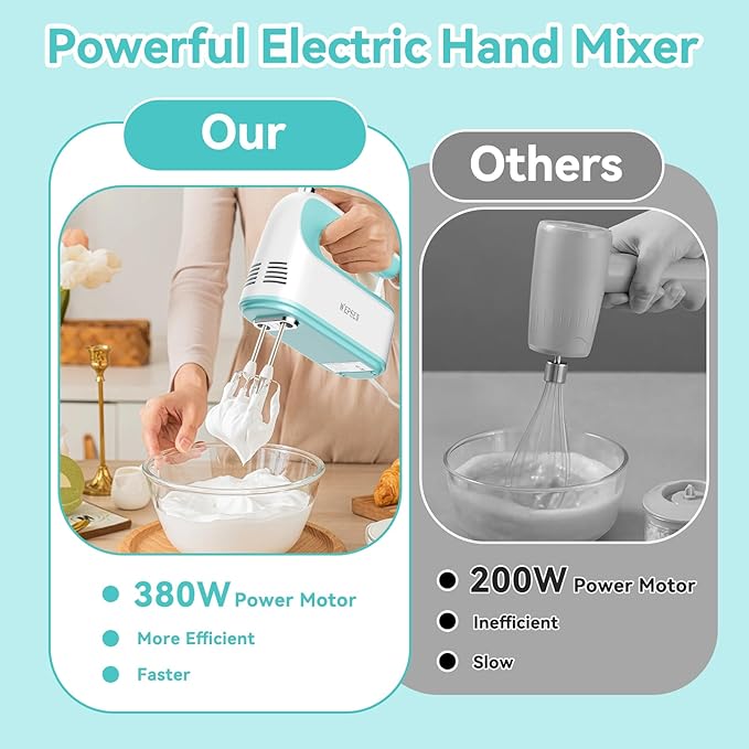 Hand Mixer Electric Handheld, 5-Speed Handheld Mixer, 380W Electric Mixer with Stainless Steel Whisk Beater Attachments, Snap-On Storage Case, Measuring Cups, Kitchen Cake Mixers for Baking Supplies