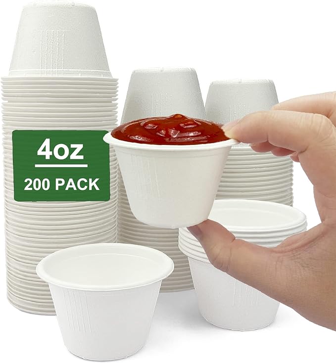 CAMKYDE 4 oz Disposable Bagasse Fiber Souffle Cups 200pk, 100% Natural Biodegradable Compostable Condiment Cups Sample Cup Tasting Cup (White, Pack of 200)
