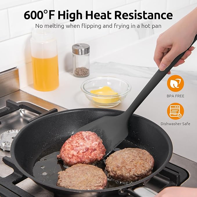 U-Taste 600ºF Heat Resistant 13.6in Long Solid Silicone Turner Spatula, and 18/8 Stainless Steel Square Measuring Spoons Set of 8 (Black+Silver)