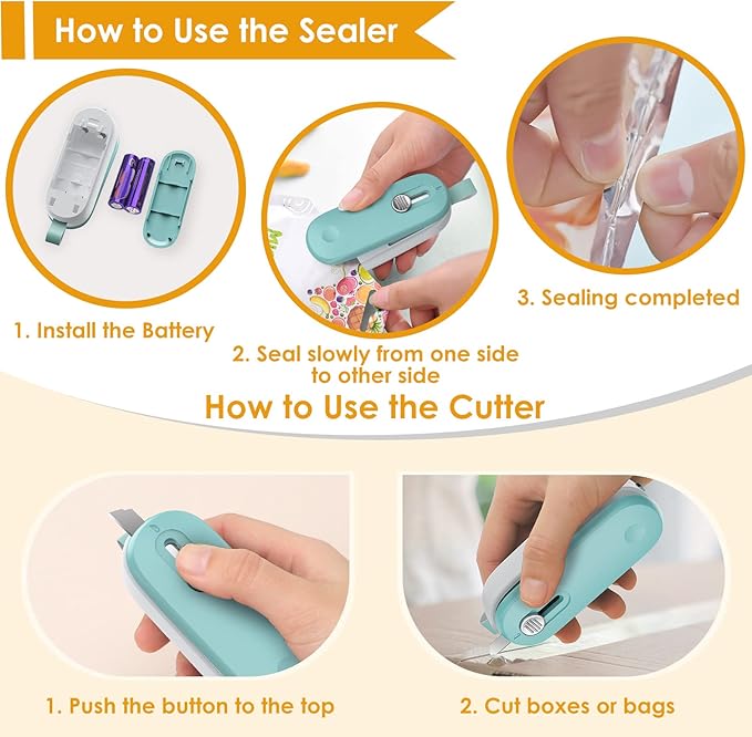 FEPPO Mini Bag Sealer, 2 in 1 Bag Sealer Heat Seal with Cutter and with Lanyard, Mini Bag Resealer Machine for Plastic Bags Snack Bags Food Storage (Batteries Included)