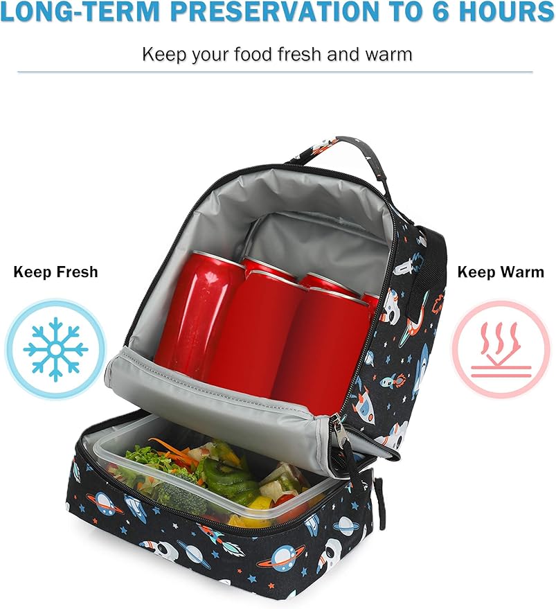 Tilami Lunch Bags Insulated Adjustable Strap Zipper, Two Compartments Cooler Bags, Bento Bags for Kids Toddlers, Astronaut
