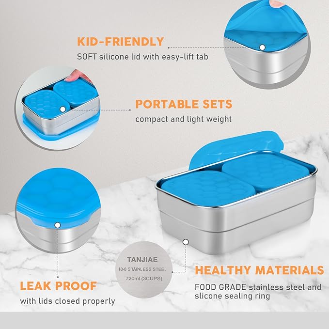 Small Stainless Steel Lunch Containers for Kids | Leak Proof Snack Containers with 100% Pure Silicone Lids - Perfect Metal Lunch Box with Lids for School and Daycare (25oz+8oz*2)