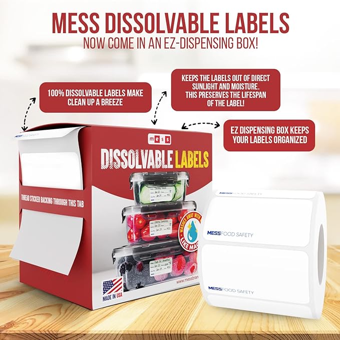 MESS Dissolvable Food Labels, 1x2, 500/Roll - Dissolves in 30 Seconds or Less - Blank Removable Mason Jar Labels - Freezer, Canning & Kitchen Organization